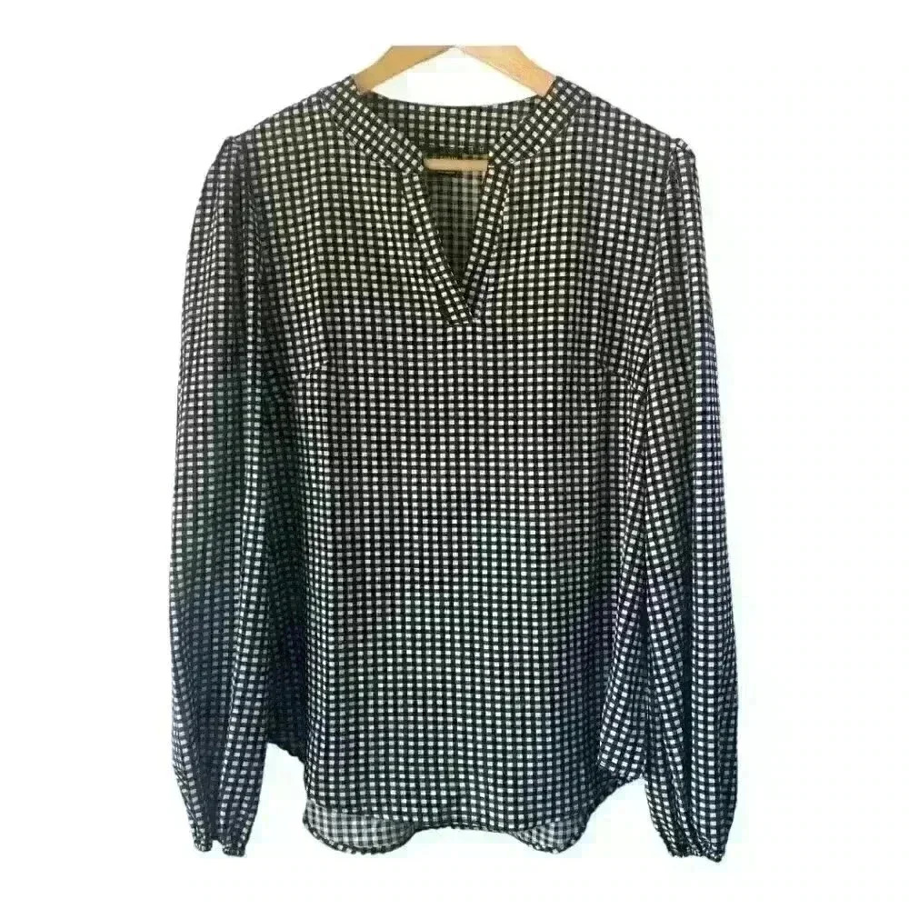 Shein Women's Black White Checkered Plaid Long‎ Sleeve V Neck Blouse Size XL